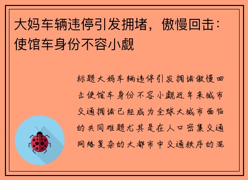 大妈车辆违停引发拥堵，傲慢回击：使馆车身份不容小觑