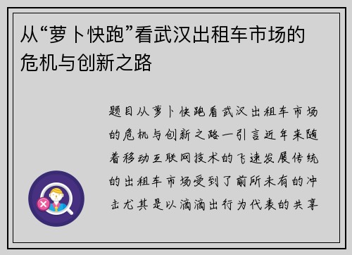 从“萝卜快跑”看武汉出租车市场的危机与创新之路