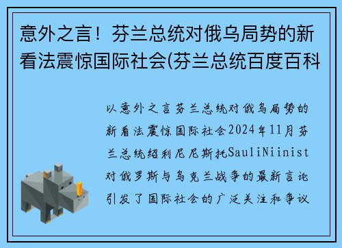 意外之言！芬兰总统对俄乌局势的新看法震惊国际社会(芬兰总统百度百科)