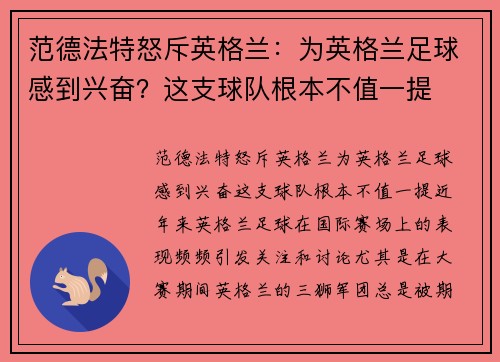 范德法特怒斥英格兰：为英格兰足球感到兴奋？这支球队根本不值一提