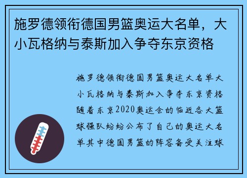 施罗德领衔德国男篮奥运大名单，大小瓦格纳与泰斯加入争夺东京资格