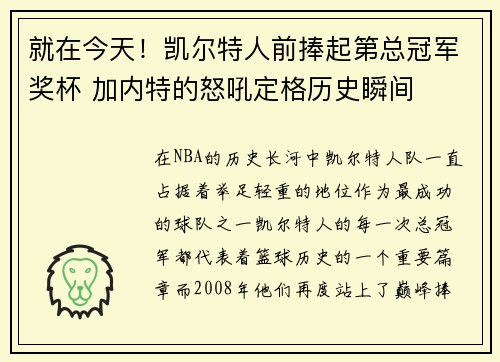 就在今天！凯尔特人前捧起第总冠军奖杯 加内特的怒吼定格历史瞬间