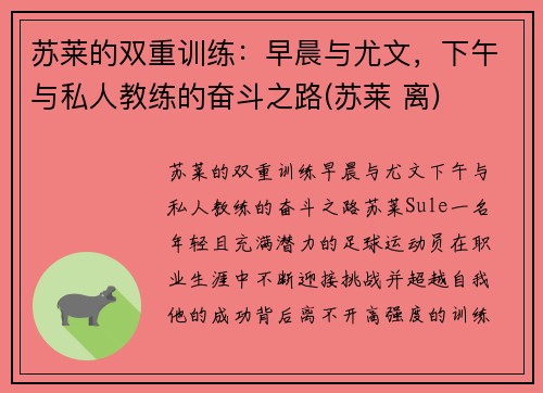 苏莱的双重训练：早晨与尤文，下午与私人教练的奋斗之路(苏莱 离)