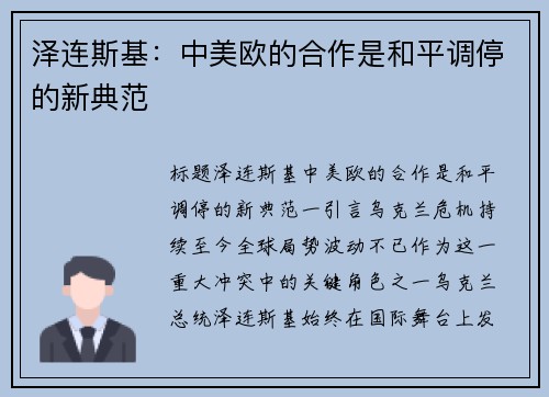 泽连斯基：中美欧的合作是和平调停的新典范